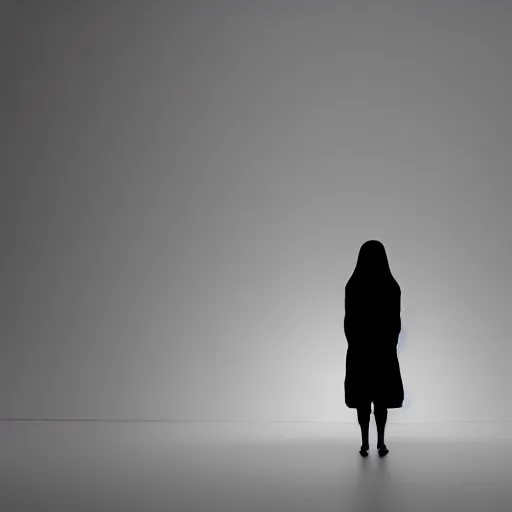 Prompt: a female horror humanoid made out of black string standing in a white room with dark lighting