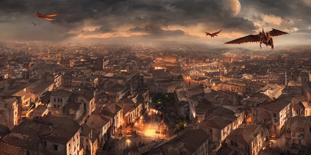 Image similar to the monumental city of caceres with smaug flying over it, dramatic lighting, cinematic, extremly high detail, photorealistic, cinematic lighting, post processed, concept art, artstation, matte painting, style by greg rutkowsky