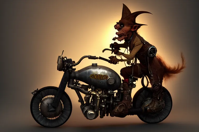 Image similar to a goblin riding a steampunk motorcycle, volumetric light, hyperdetailed, artstation, cgsociety, 8k