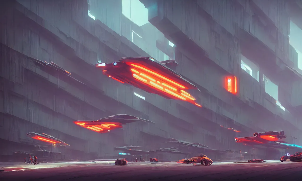 Prompt: simple brutalist architecture, colorful neon lighting, flying vehicles, greg rutkowski, syd mead, ralph mcquarrie, concept art, matte painting, highly detailed, rule of thirds, dynamic lighting, cinematic, detailed, denoised, centered