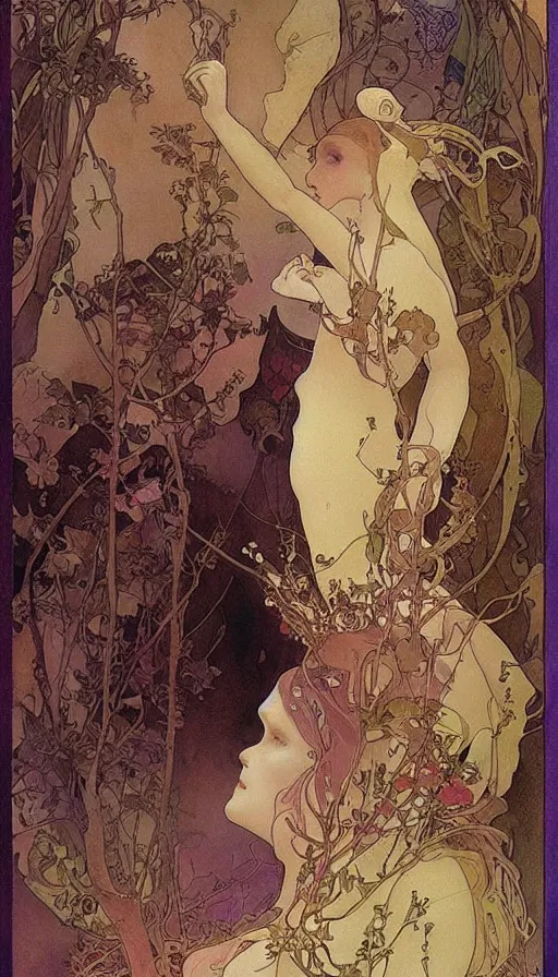 Image similar to life and death mixing together, by alfons maria mucha