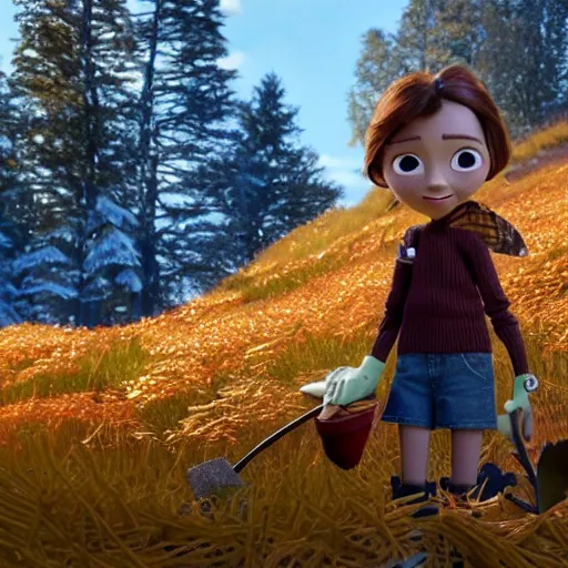 Prompt: a cute stopmotion animation character, a beautiful canadian woman, gardening, very attractive, spiky dark brown and grey hair, striped sweater, tight denim jeans, maroon doc marten boots, canadian maple leaves blowing about, mountains, autumn, unreal engine 5, 8 k, kubo and the two strings, disney, pixar,