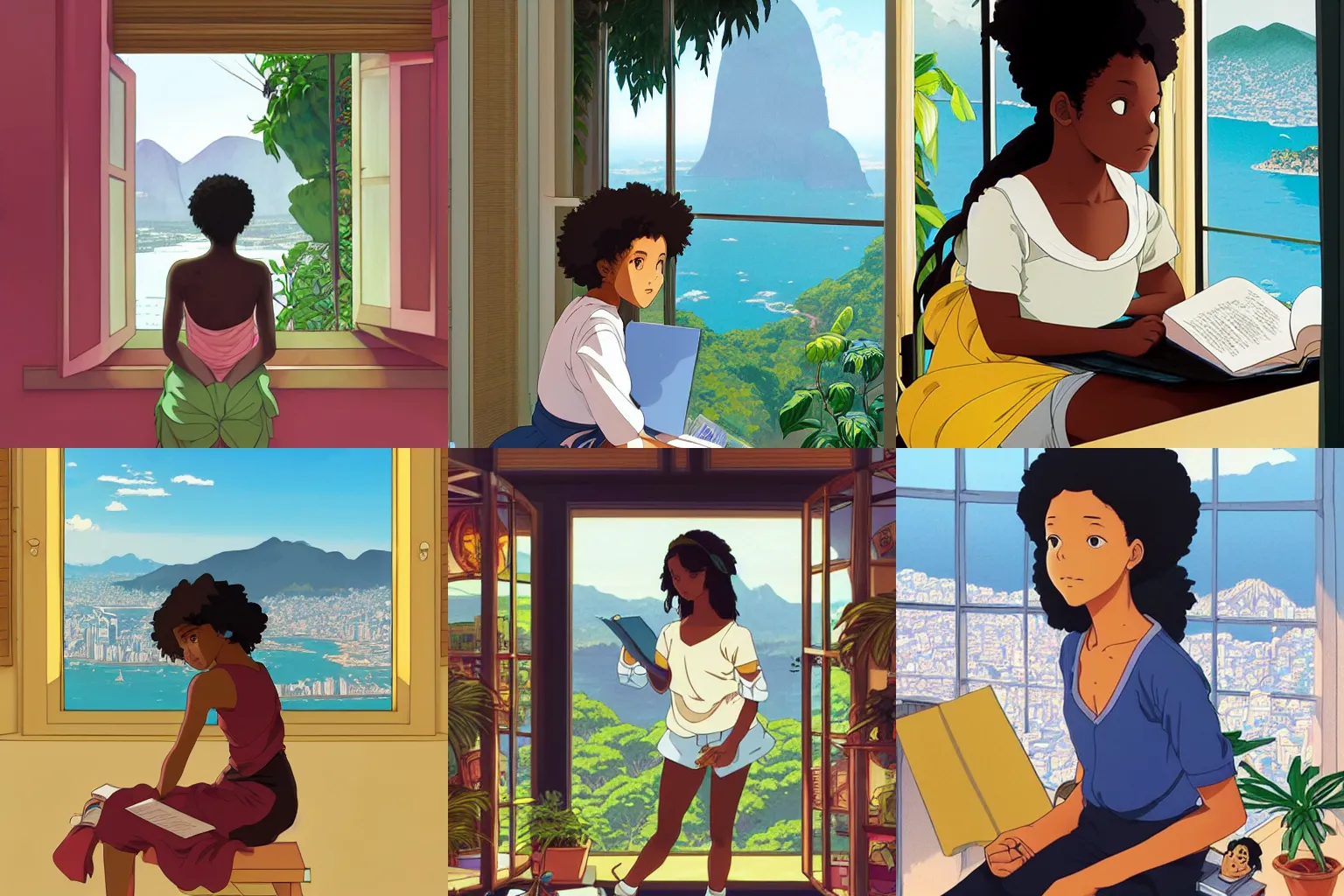 Prompt: colorful graded studio ghibli portrait of a black brazilian girl studying by the window with Rio de Janeiro view, highly detailed, digital painting, artstation, concept art, smooth, sharp focus, illustration, art by studio ghibli and alphonse mucha