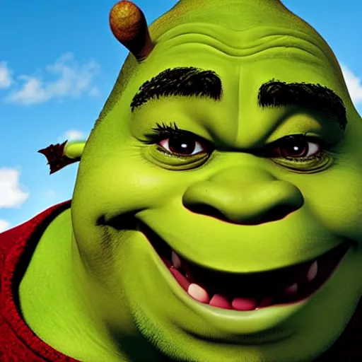 Prompt: a close up portrait from an awkward fisheye angle of shrek with large bloodshot eyes bulging out of their sockets as shrek's mouth is agape from coughing profusely