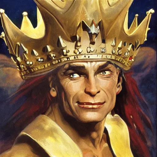 Prompt: The goblin king wearing a golden crown, painting by Frank Frazetta, detailed, 4k