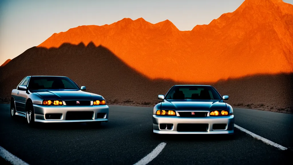 Image similar to three quarter front photo of a stock dark grey nissan r 3 2 skyline gtr on a road in a desert with a mountain in the background in the early morning, car photography, depth of field, depth blur, zoom lens, blue hour, photorealistic