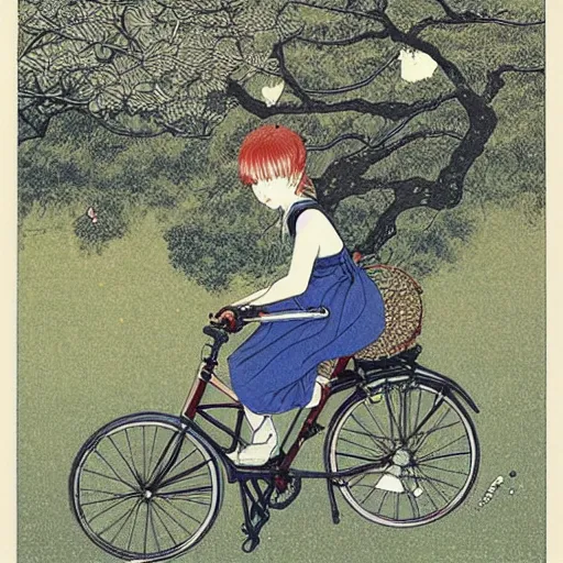 Prompt: a girl with uk folded brompton bike in a garden, by takato yamamoto