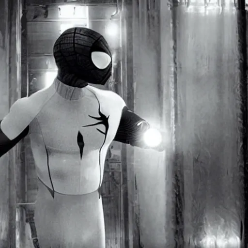 Image similar to ryan reynolds in a black and white spider - man suit, cinematic, volumetric lighting, f 8 aperture, cinematic eastman 5 3 8 4 film, photorealistic