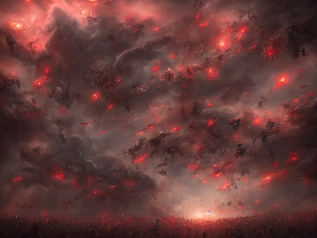 Prompt: a horde of angels falling from the sky, red lightning, apocalypse, eerie, digital painting, trending on artstation, deviantart, 8k, epic composition, intrinsic details, perfect coherence