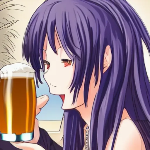 Prompt: anime foxgirl drinks beer