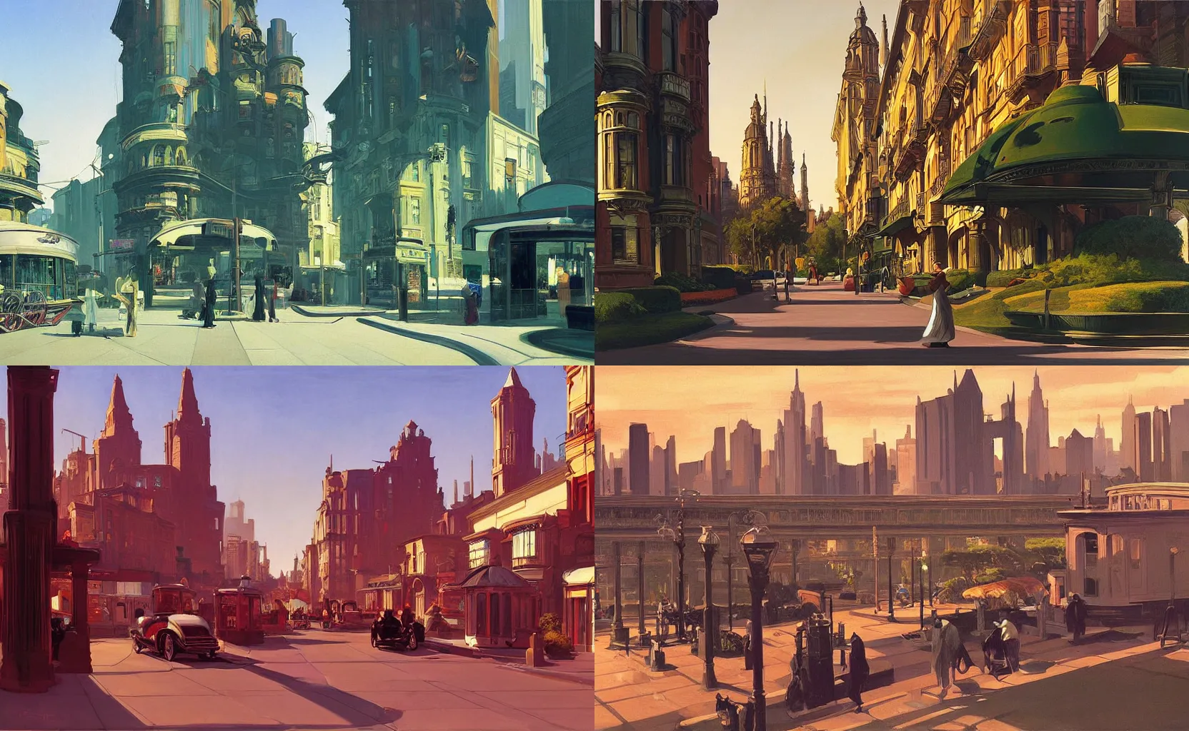 Prompt: an elegant solarpunk Victorian cityscape, painting by Syd Mead and Edward Hopper