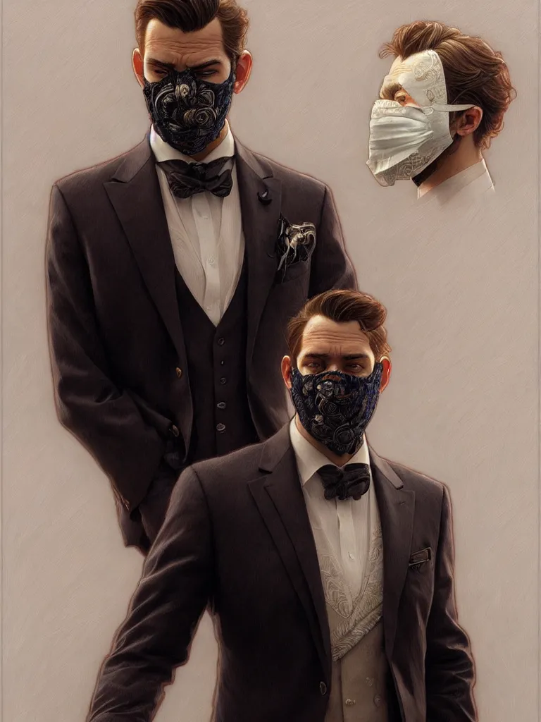 Image similar to ultra realistic illustration, a male with fabric mask, suit and tie, intricate, elegant, highly detailed, digital painting, artstation, concept art, smooth, sharp focus, illustration, art by artgerm and greg rutkowski and alphonse mucha