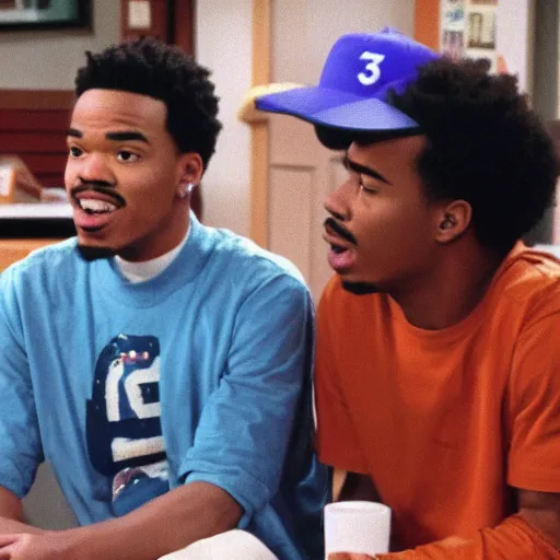 Image similar to a tv still of Chance The Rapper starring as a black college student at Jones College Prep in a 1993 sitcom