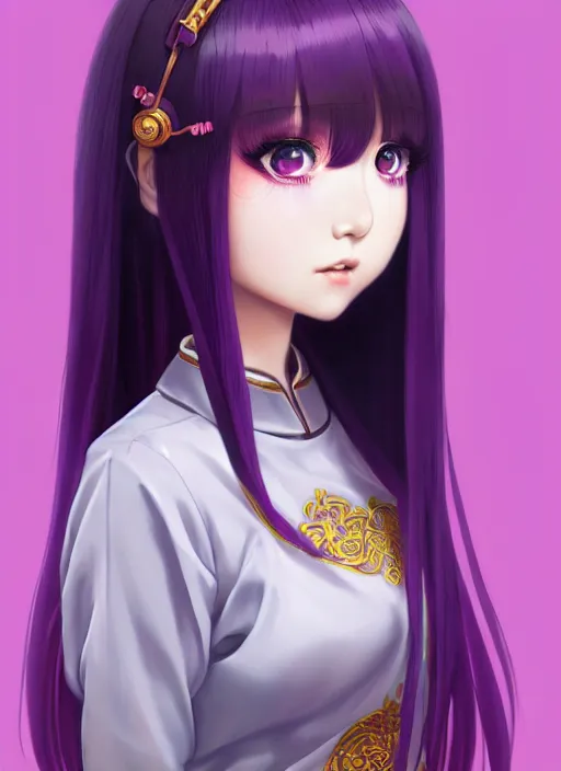 Image similar to full body illustration of an ulzzang korean girl purple hair with hime cut bangs, head slightly tilted, wearing an ornate cheongsam, ilya kuvshinov, anime, pixiv top monthly, trending on artstation, cinematic, danbooru, zerochan art, kyoto animation