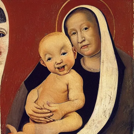 Prompt: painting of a baby that looks like benjamin netanyahu smiling while being held by his mother, by duccio