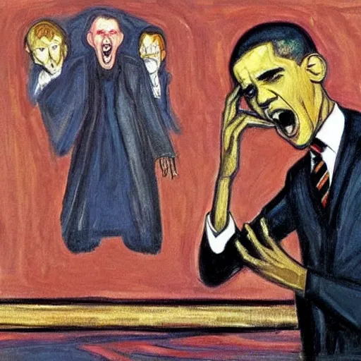 Image similar to obama and harry potter together shouting in unison on the scream edvard munch's painting, museum masterpiece, worth a lot