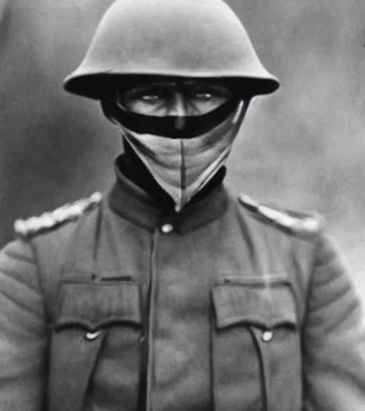 Image similar to a soldier wearing a black mask in distance, ww1 film photo, grainy, high detail, high resolution