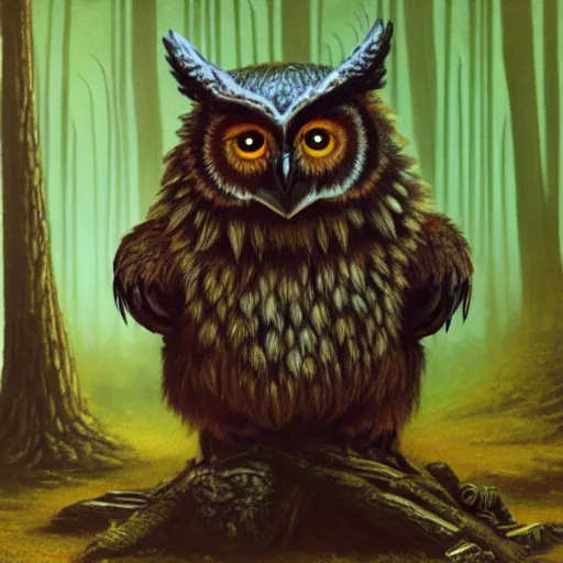 Prompt: three quarter portrait of an owlbear in the forest, d & d, fantasy, hr giger,