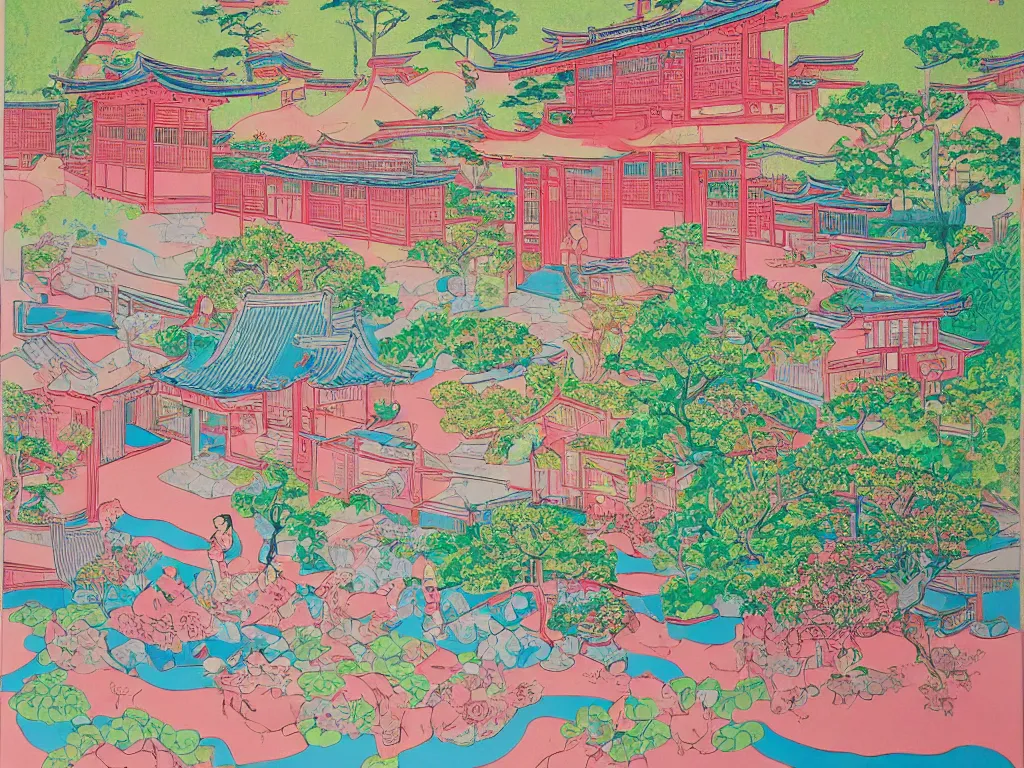 Prompt: image of a traditional japanese house with a garden, a pond in the garden, pink children are sitting around it, a combination of pop art and traditional japanese painting styles, the style of andy warhol and jackie tsai, bright palette, acrylic on canvas
