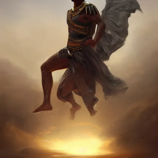 Image similar to a dramatic epic ethereal portrait of an ancient Egyptian soldier, full body with dynamic pose, male, detailed face, cinematic lighting, highly detailed oil on canvas painting by Greg Rutkowski, winning-award digital art trending on Artstation H 1024 W 832