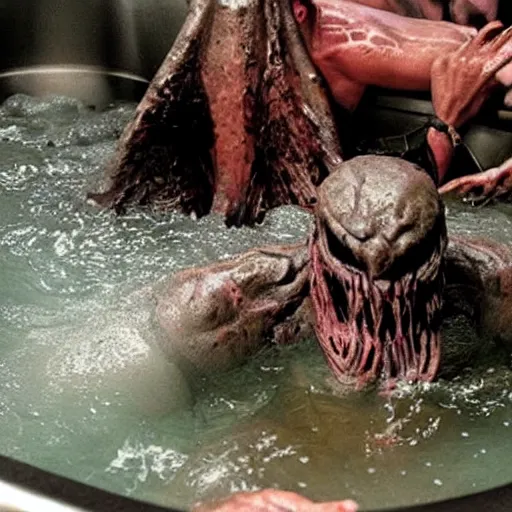 Image similar to a monster from predator in a hot tub