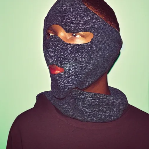 Image similar to realistic! photoshoot for a new balenciaga lookbook, color film photography, portrait of a beautiful woman wearing a balaclava mask, photo in style of tyler mitchell, fisheye lens