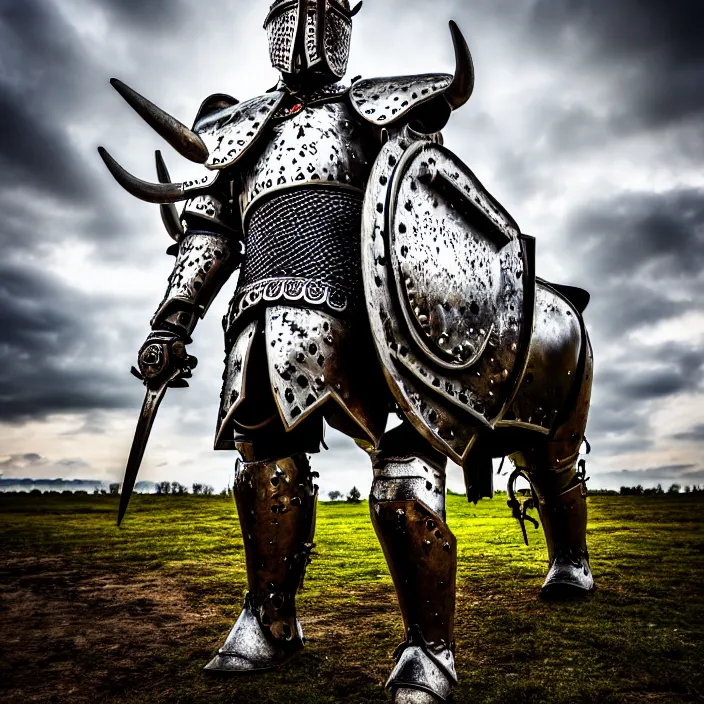 Image similar to photo of a warrior with metal cow themed armour, highly detailed, 4 k, hdr, smooth, sharp focus, high resolution, award - winning photo