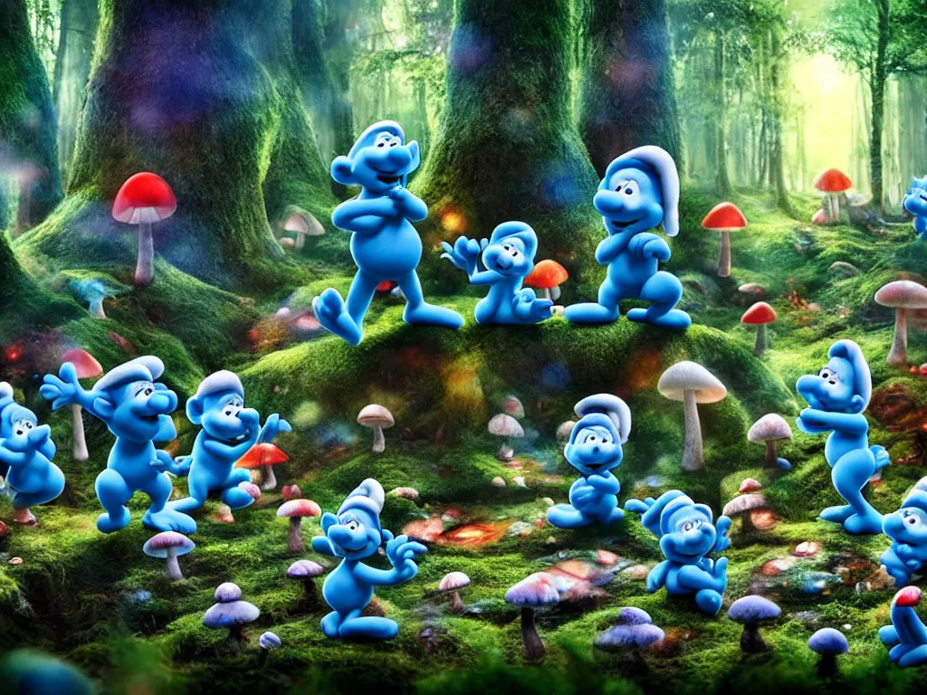 Prompt: smurfs partying in the enchanted forest in their magic mushroom town, photorealistic painting, cgi, low volumetric light, movie still, very cute and cozy and fluffy and sweet