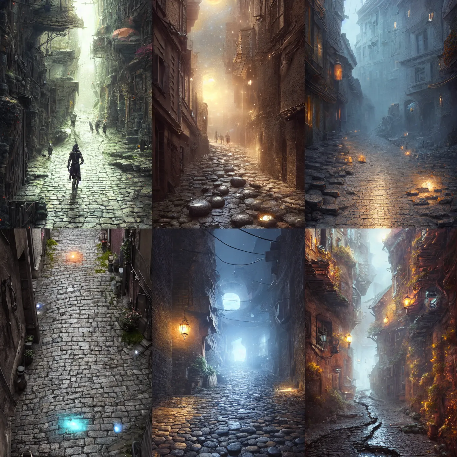 Prompt: a narrow allyway, the cobble stones are a cosmic galaxy, diffuse lighting, strong imagery, highly detailed, by Greg Rutkowski, Sung Choi, Johnson Ting, Maxim Verehin, Peter Konig, final fantasy, photorealistic 8k, cinematic lighting, HD, high detail, atmospheric, trending on artstation