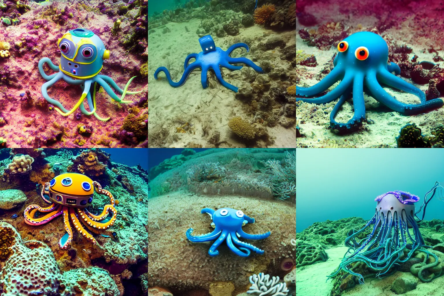 Prompt: color photo of a robot octopus on a shallow reef.