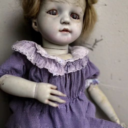 Prompt: A sweet, sad, beautifully shabby antique composition baby doll. She has unusually expressive tin litho sleep eyes, that look as if they’ve seen a world of melancholy.