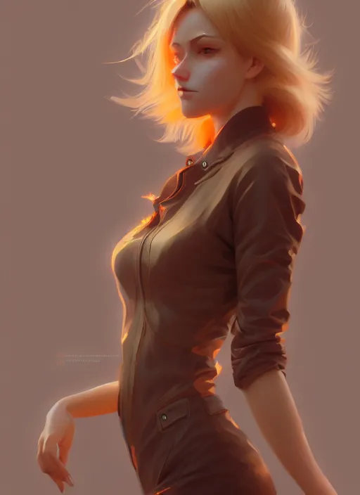 Image similar to ultradetailed beautiful painting of a stylish young lady wearing a brown foxgirl suit, dramatic, she has blond hair, distressed, volumetric light, full body portrait by greg rutkowski, ilya kuvshinov, james jean, makoto shinkai, on artstation