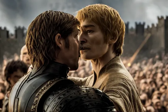 Image similar to very very intricate photorealistic photo of jaime lannister fighting cersei, photo is in focus with detailed atmospheric lighting, award - winning details