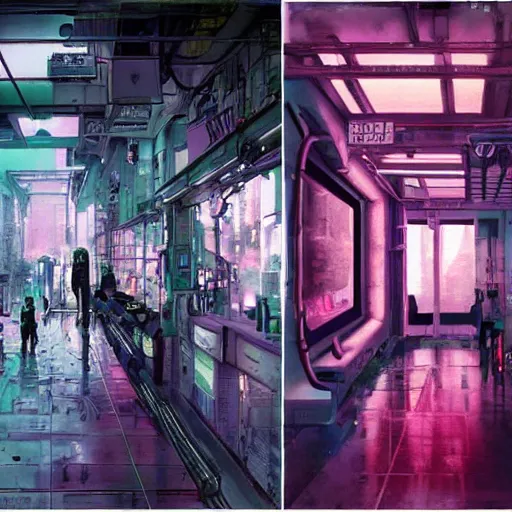 Image similar to cyberpunk inner gallery, iridescent tv repair shops, cybernetic body parts shops, pink noir matte painting by raoul ruiz, yoji shinkawa and esao andrews