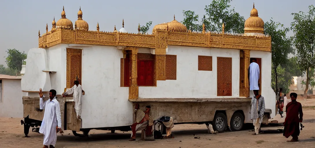 Prompt: mughal - style white ivory tiny home on trailer with minarets in agra, india