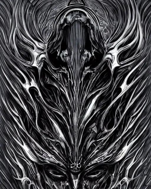 Image similar to black metal logo for ferrari, by antonio j. manzanedo, giger, alex grey, android jones, wayne barlowe, philippe druillet, raymond swanland, cyril rolando, josephine wall, harumi hironaka, trending on artstation