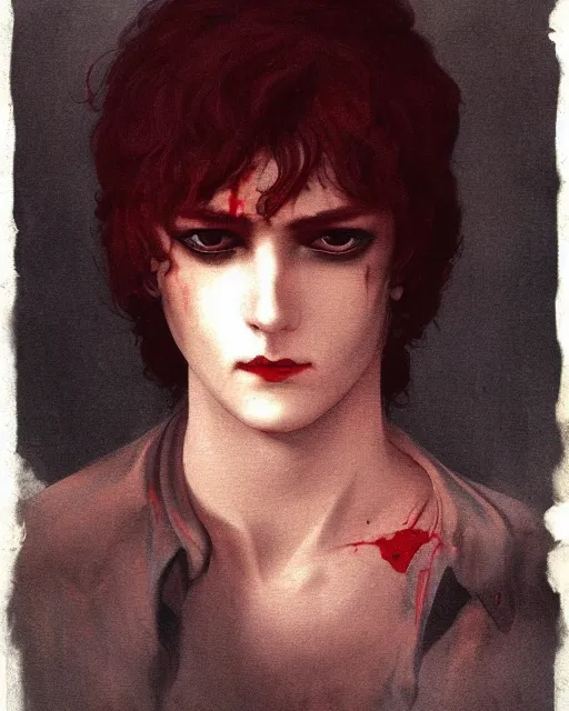 Image similar to a handsome but sinister and creepy young man in layers of fear, with haunted eyes, violence in his eyes, 1 9 7 0 s, seventies, delicate embellishments, a little blood, crimson, painterly, offset printing technique, by alexandre cabanel