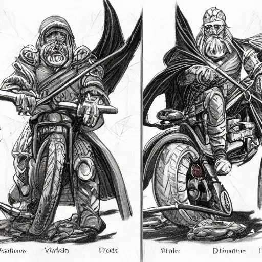 Image similar to dungeons and dragons, wizard on a motorcycle, concept art, players handbook, very detailed, mechanic, schematic, illustration, stats