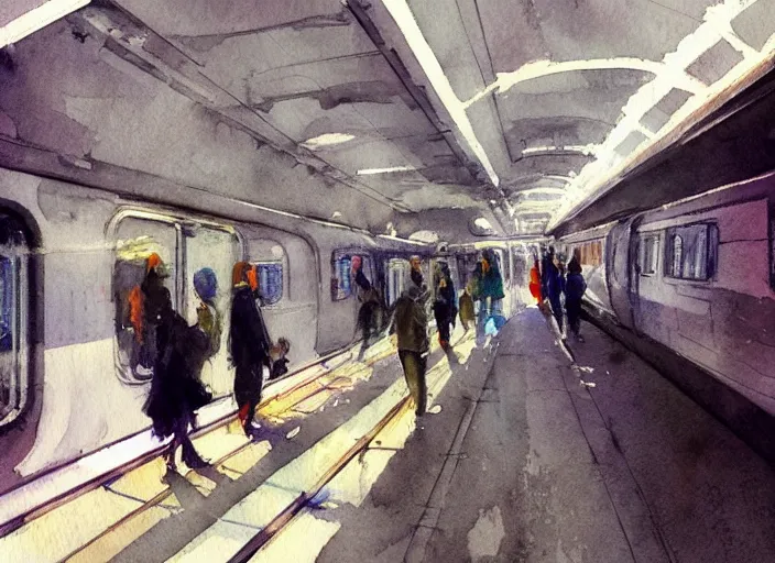 Image similar to concept art of a urban train, pinterest, artstation trending, behance, watercolor, by coby whitmore *, silver, laser light *,