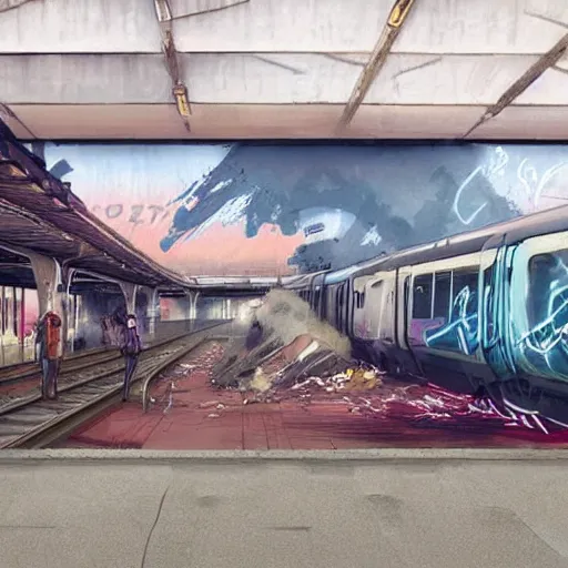 Prompt: graffiti vandal writing graffiti on train station with trains, illustrated by greg rutkowski and moebius and loish and artgerm painterly illustrati