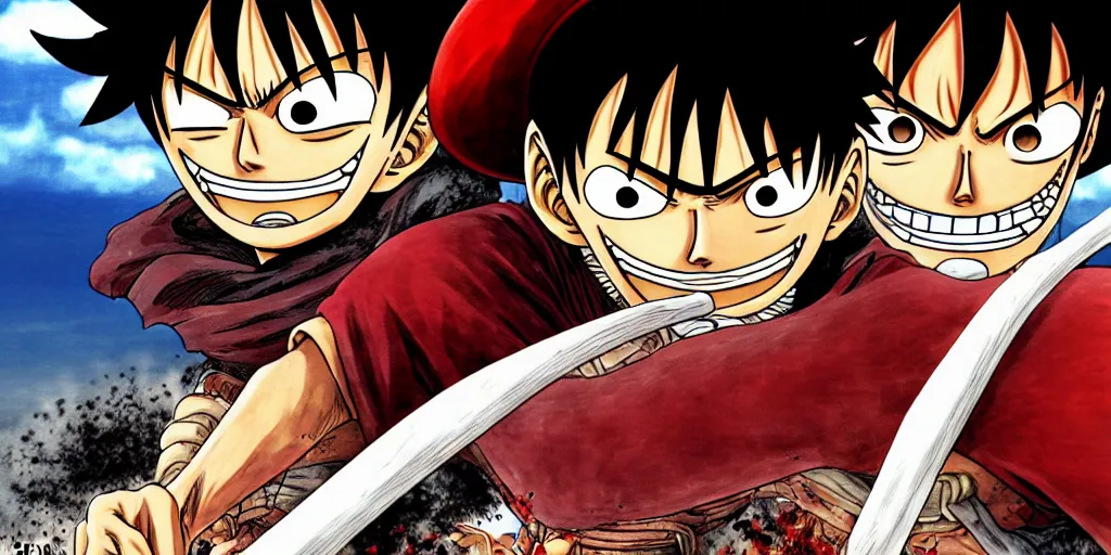 Image similar to luffy, berserk, 4 k resolution, comic style ， by miura kentaro, ultra detailed,