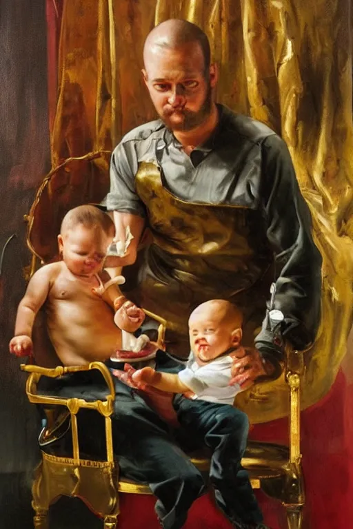 Image similar to hyper realistic oil painting of a handsome man sitting in a gilded chair with tubes coming out of his arm, getting a blood transfusion from a baby in the background. dark. masterpiece