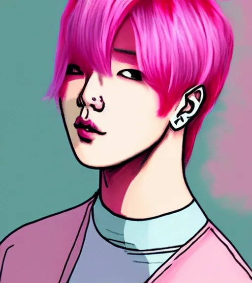 Prompt: pink haired bts jimin, muted colors, colorful flowers, sunlight filtering through skin, illustrated by starember cfg _ scale 9