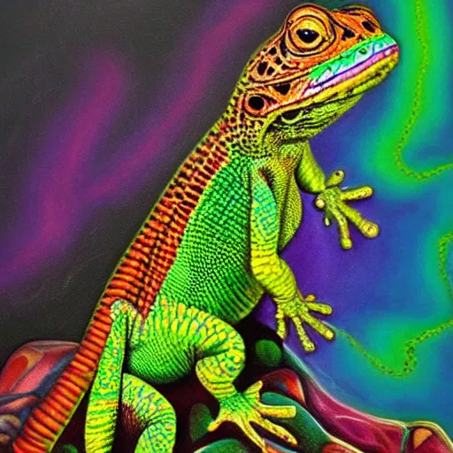 Image similar to a trippy colorful oil painting of a lizzard on a rock. psychedelic. dmt. fractals.