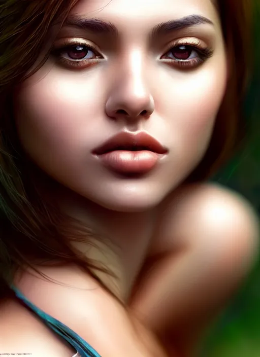 Image similar to photo of a gorgeous female in the style of stefan kostic, realistic, half body shot, sharp focus, 8 k high definition, insanely detailed, intricate, elegant, art by stanley lau and artgerm, extreme bokeh foliage