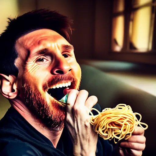 Prompt: lionel messi eating spaghetti, depth of field, photography, isometric, wide shot, studio, bokeh, gmaster,, kodak, sony, canon