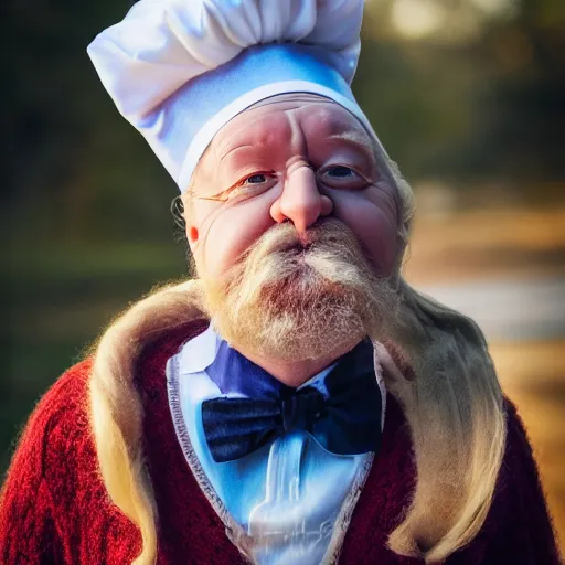 Image similar to real life photo of the Swedish chef from the muffins, portrait, photography, 200mm, lens flare, bokeh