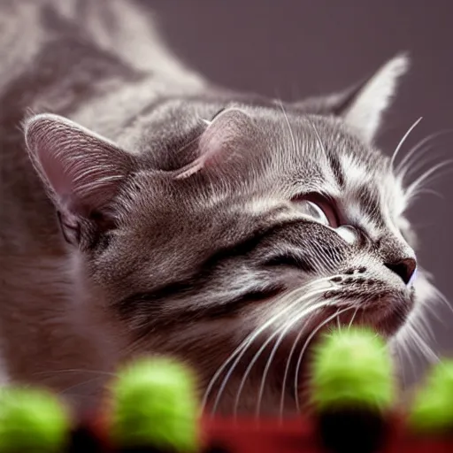 Prompt: A real photograph of a cat licking a cactus, close view, studio lighting, DSLR