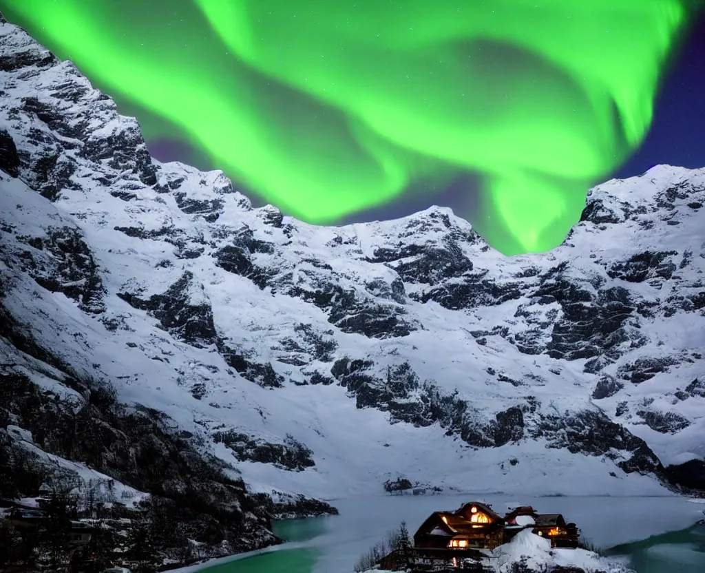 Prompt: Switzerland beautiful with northern lights in the sky astounding