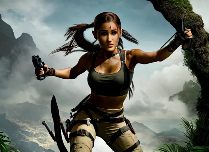 Image similar to film still of!!!! ariana grande!!! as lara croft in new tomb raider movie, 8 k